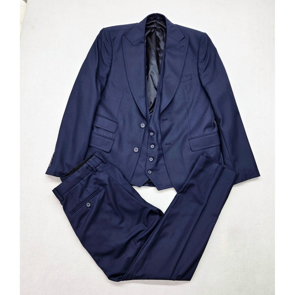 Dapper 7 By Harrells Menswear Navy Blue 3 Piece Suit 100% Wool 42R Complete EUC